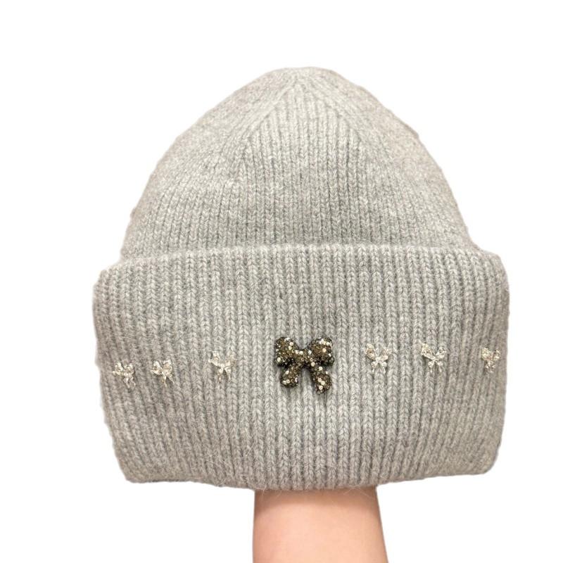 Winter High-Quality Bow Rhinestone Knit Hat Rabbit Fur Ear-Protection Warm Beanie Women