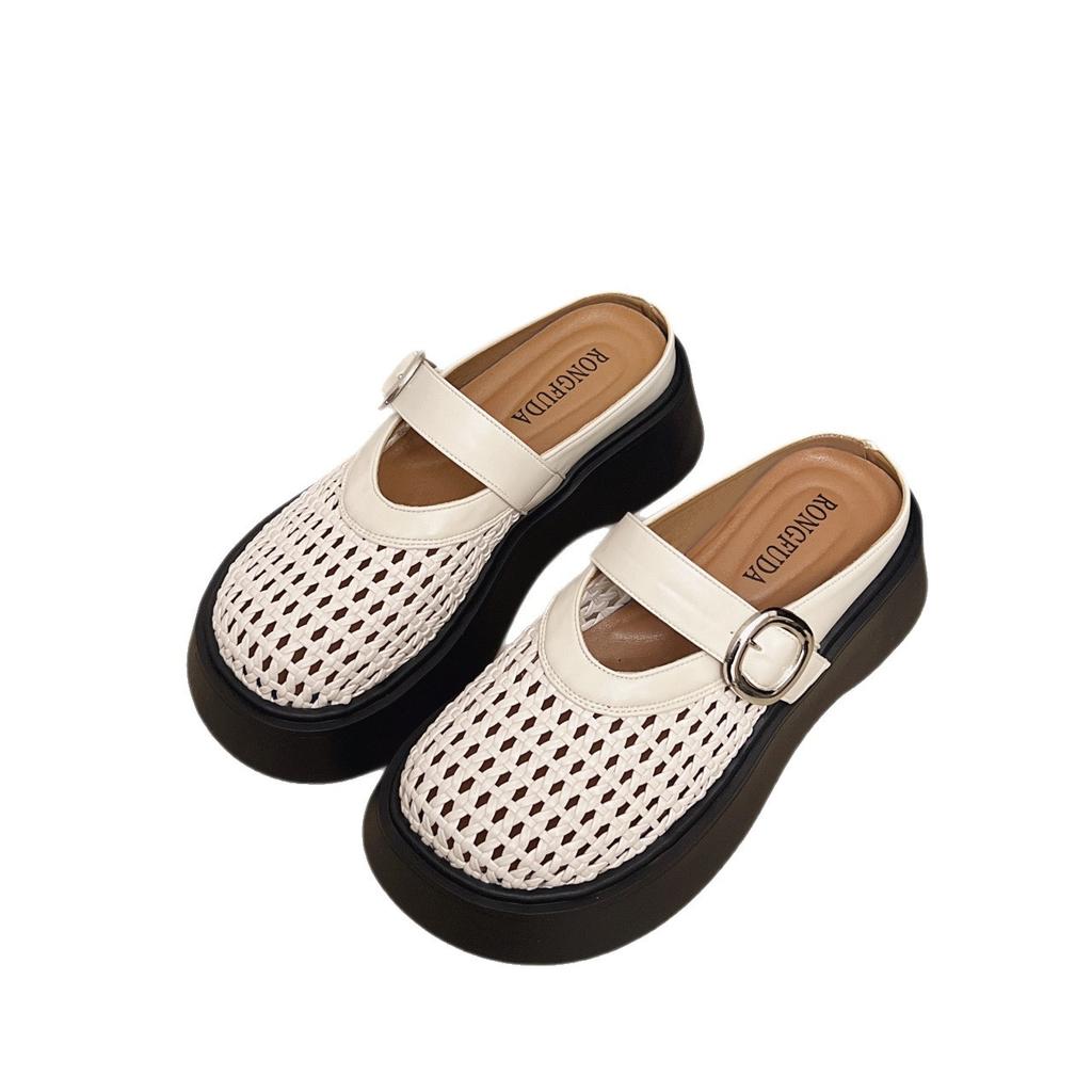 Thick-soled Mary Jane shoes leather woven bag head slippers women's summer wear with skirt sandals hollow hole pig cage shoes