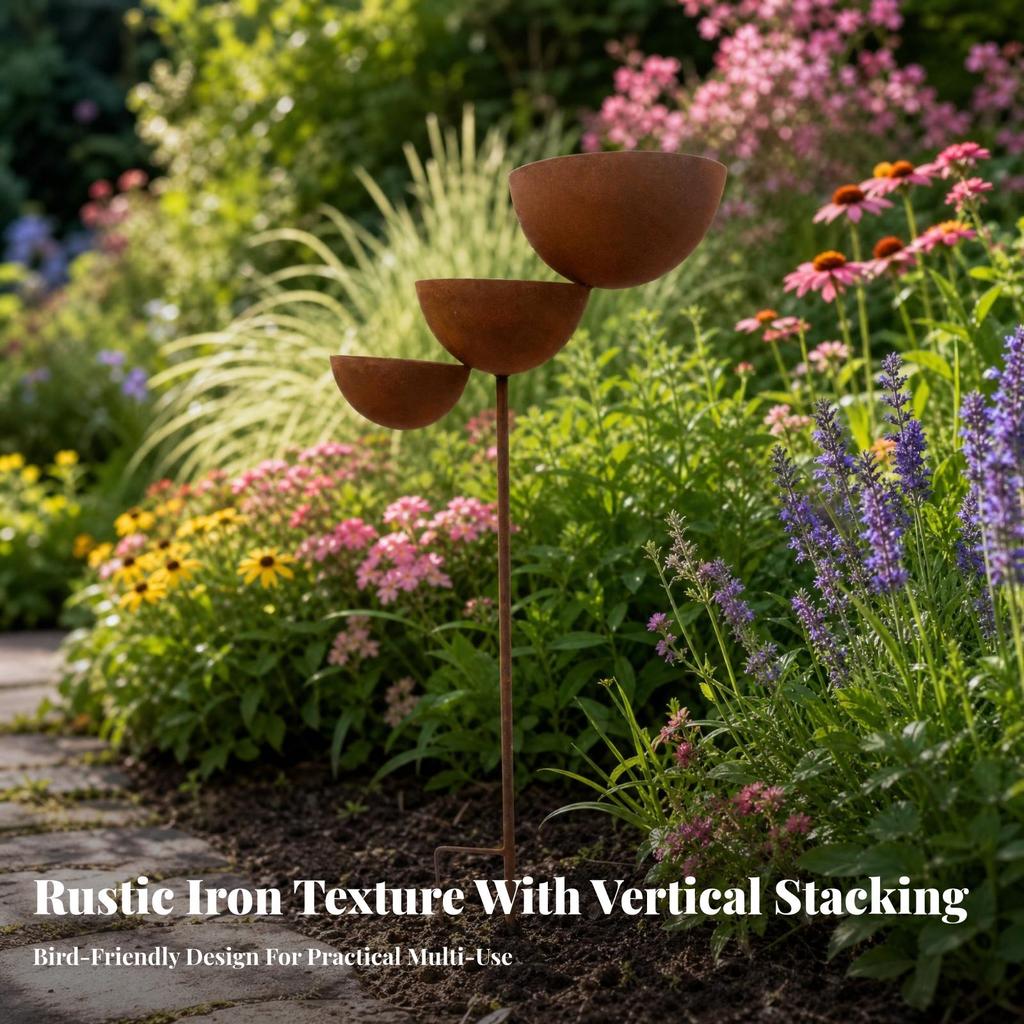 Iron Bird Feeder with Three Bowls Decorative for Lawns