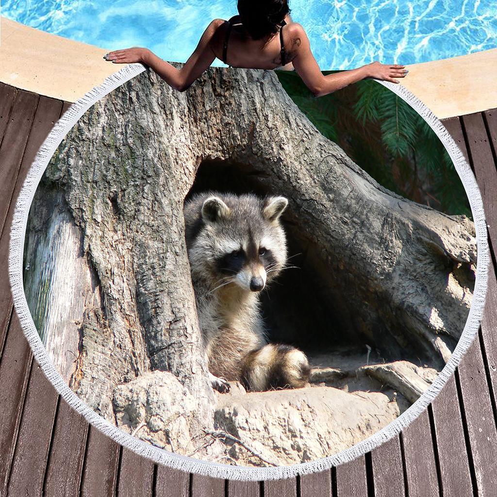 Wild Animal Raccoon Round Beach Towel Soft Microfiber Beach Blanket Sand Free Quick Dry Circle Bath Towel Absorbent Yoga Mat