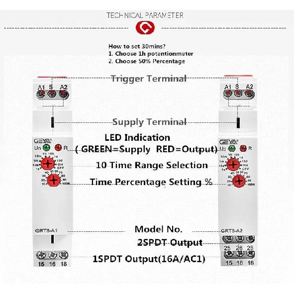 GEYA GRT8-A/B Delay on or Delay off Timer Relay Electronic Type 16A AC230V or AC/DC12-240V with CE CB ROHS3