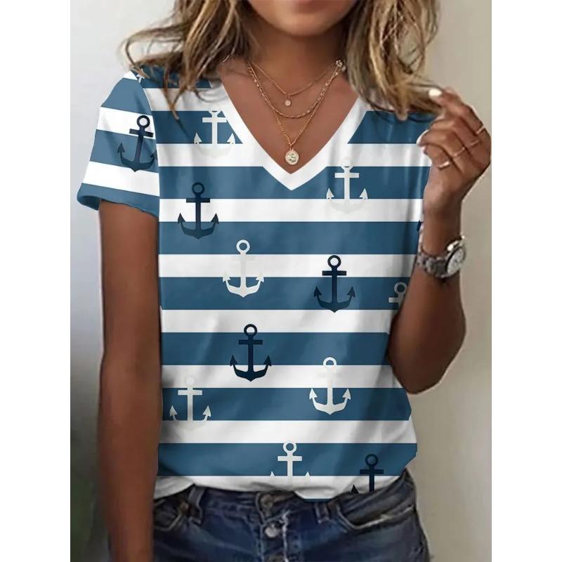 Stripe Graphic 3D T Shirt Women Summer V-Neck Short Sleeve Tops Holiday Casual Tees Woman Streetwear Oversized T-shirt
