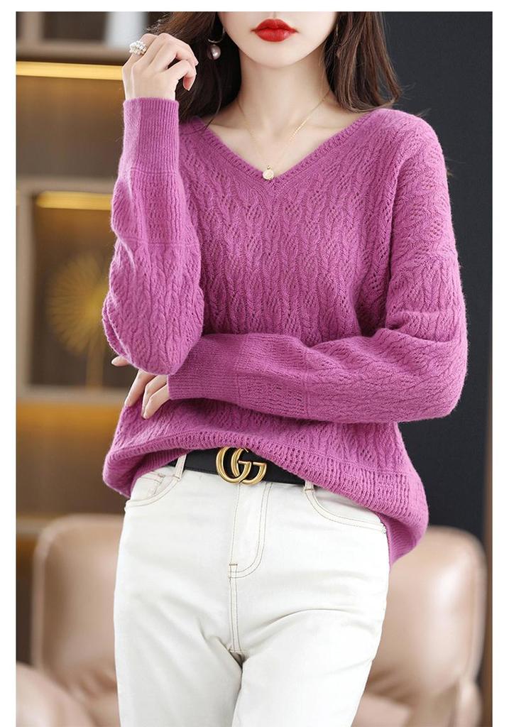 Women's Cashmere Loose Knit Sweater V2023 - Hollow-Out Pullover with Pure Wool Collar