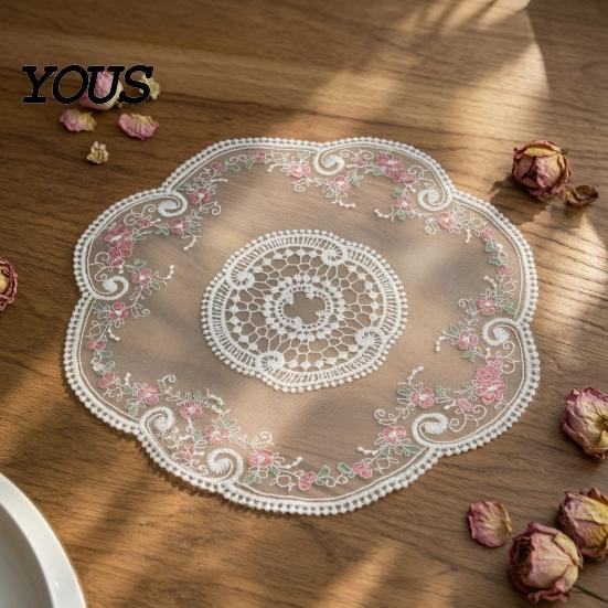 Decorative Lace Mats for Tea Party Round Sheer Doily, Floral Embroidered Placemat, Vintage Style Table Accessories Kitchen Mat Dining Table,
