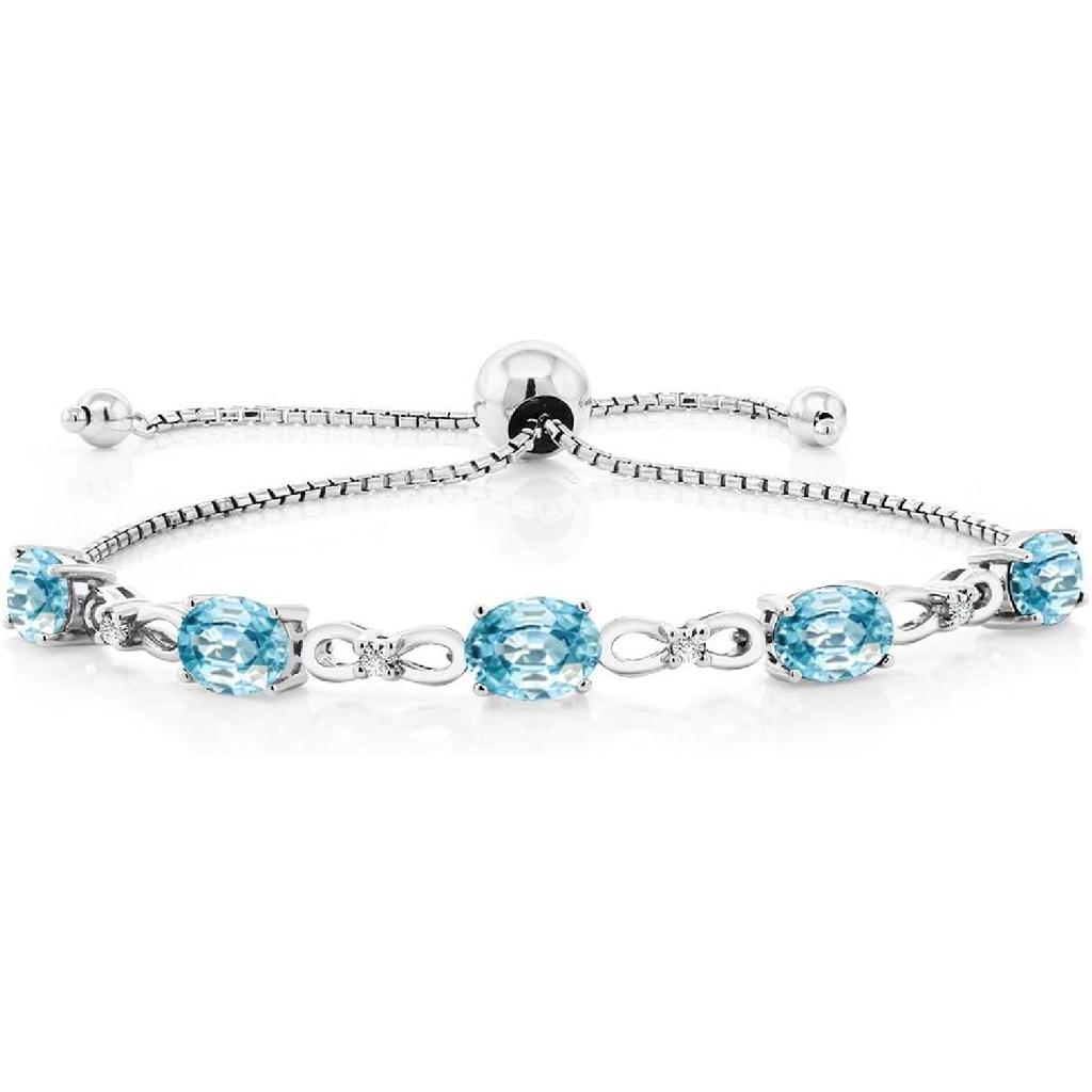 Gem Stone King 3-6 Cttw Gemstone Birthstone and Accent Lab Grown Diamond Tennis Bracelet For Women | 925 Sterling Silver | 7X5MM Oval | Adjustable