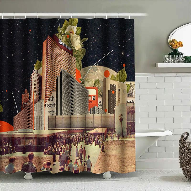 Vintage Hollywood Cityscape Shower Curtain Abstract Film Noir Theater Backdrop Washable Decor