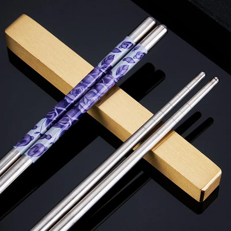 Stainless Steel Chopsticks Tableware Portable Reusable Blue Porcelain Patters Food Sticks Chopsticks Kitchen Dishes for Sushi