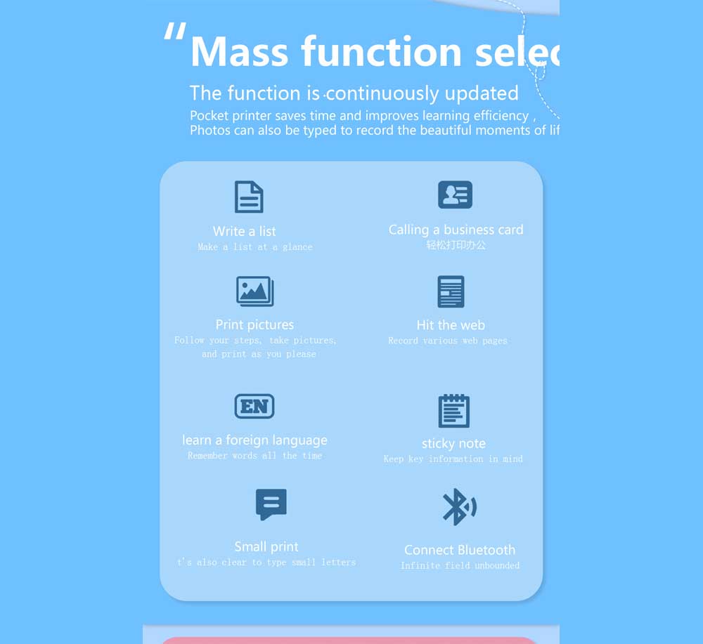 Nová kapesní termální tiskárna Přenosná mini tiskárna Bezdrátové připojení 200 dpi Foto štítky Seznam poznámek Jasný tisk bezdrátové tiskárny