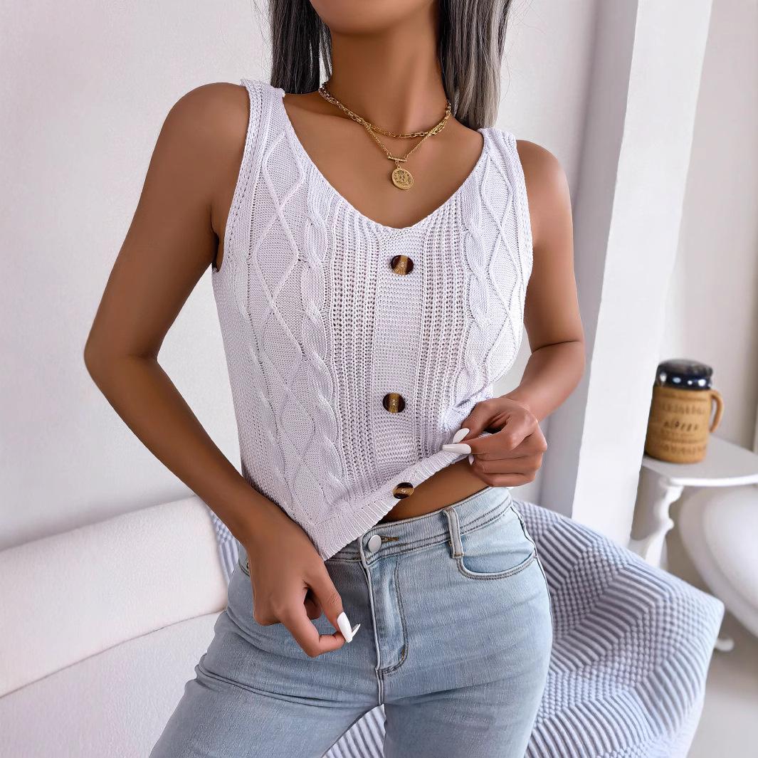 Women V Neck Cable Knit Button Detail Sleeveless Sweater Vest S белый