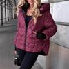 Women's Burgundy Quilted Hooded Puffer Jacket Short Cropped Coat with Diamond Pattern