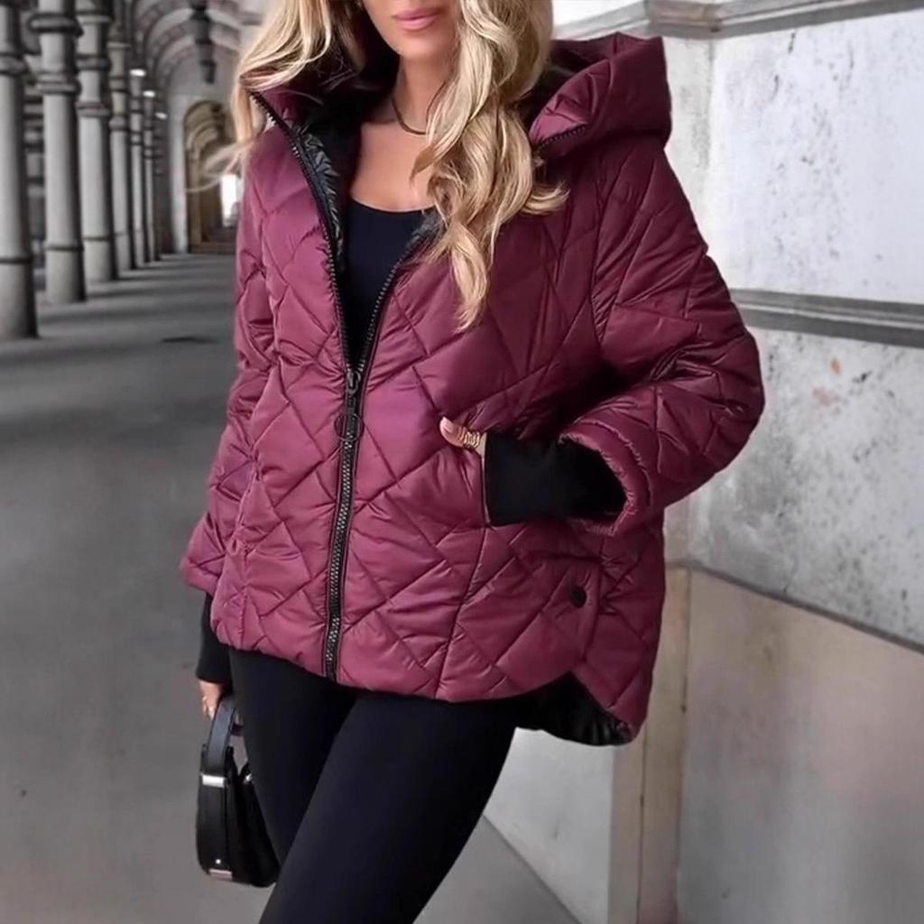 Women's Burgundy Quilted Hooded Puffer Jacket Short Cropped Coat with Diamond Pattern