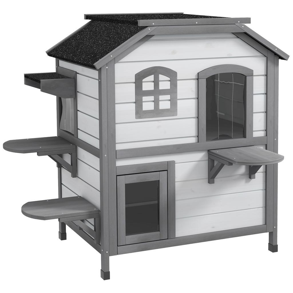 2-Story Indoor or Outdoor Cat House W/ Escape Door, Cat Shelter, White