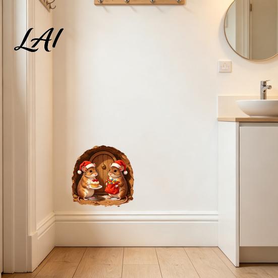 Party Background Decorations 3D Mouse Hole Wall Sticker for Christmas Decoration Realistic Santa Decal Waterproof PVC Festive Home Decoration