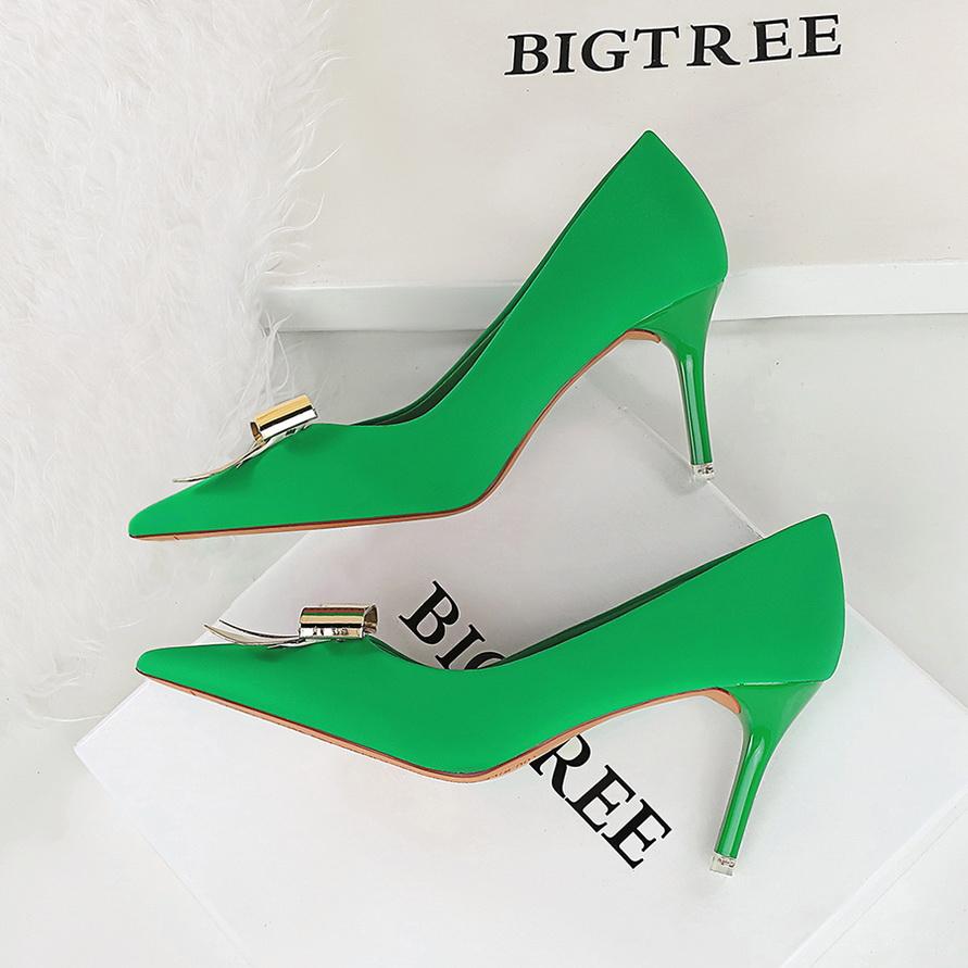 Women's Shoes with Thin Heels, High Heels, Silk, Shallow Mouth, Pointed Metal Bow, Single Shoe