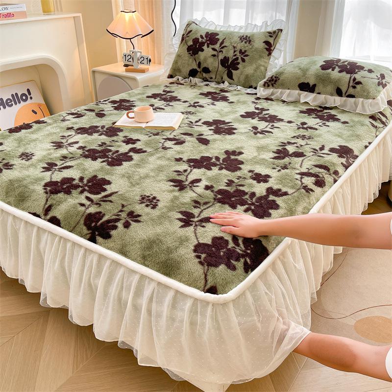 French Rabbit Fur Double-Layer Lace Fitted Sheet Bed Skirt 3-Piece Set