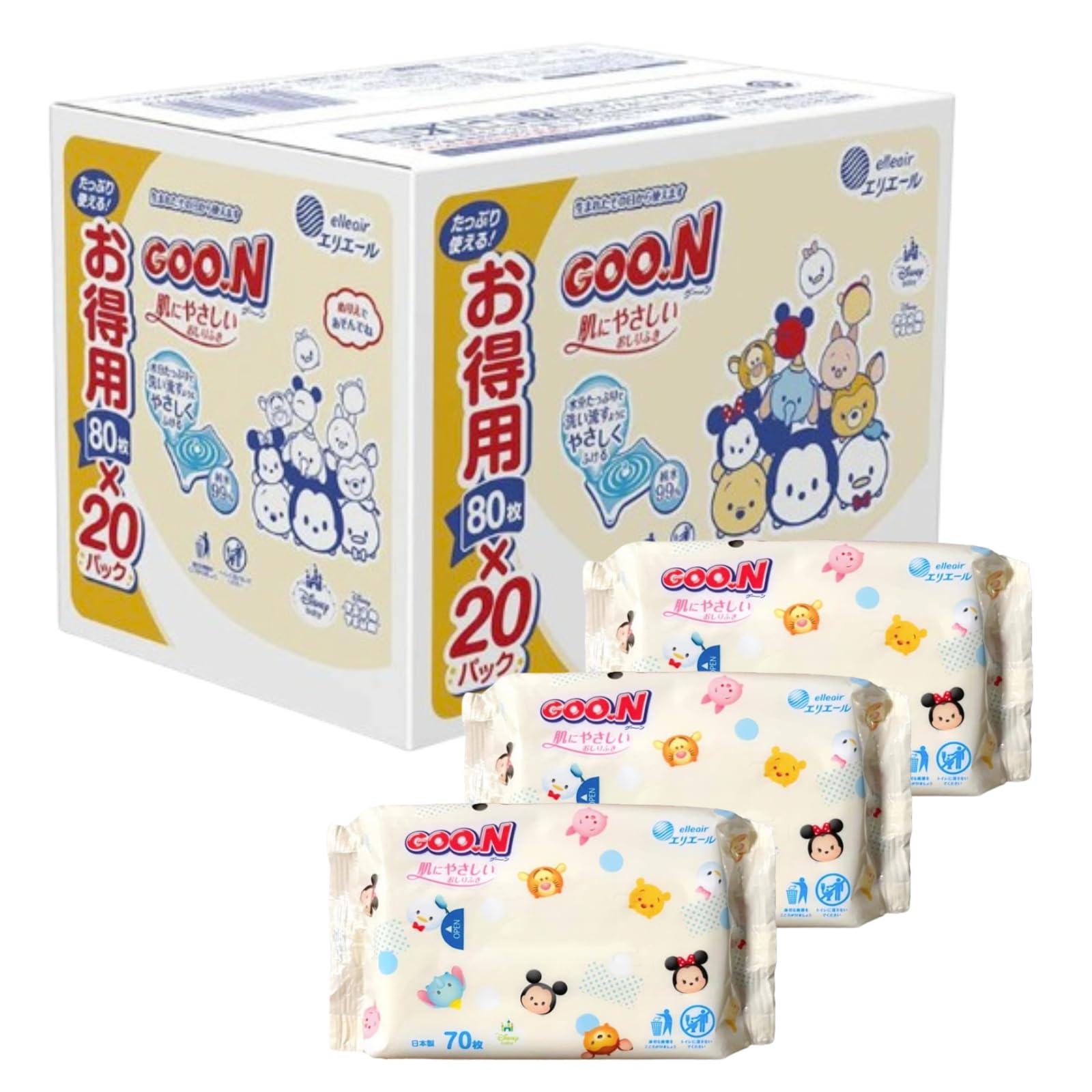 

[Refillable baby wipes] Goon skin-friendly baby wipes 1,600 sheets (80 sheets x 20 pieces) [Sold in case] Tsumutsumu Design