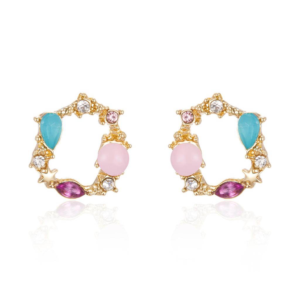 Korean Sweet Colorful Rhinestone Wreath Stud Earrings for Women Flower Crystal Round Earring Party Birthday Jewelry Brincos Gift