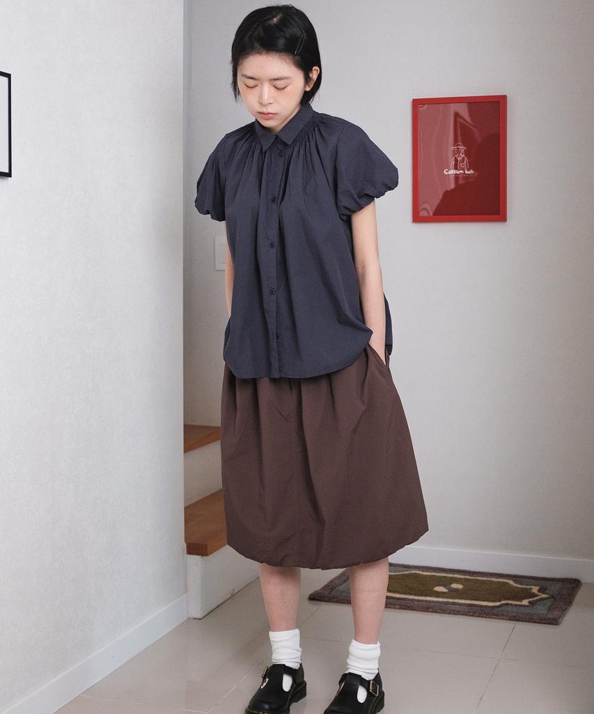 Cotton Bell Shirred Balloon Skirt - Brown