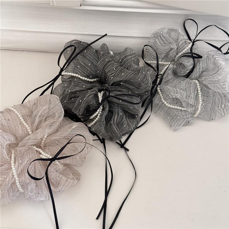 Korean Black Ribbon Pearl Bow Ballet Hair Tie Accessory Dark Gray Pearl Bow Hair Tie