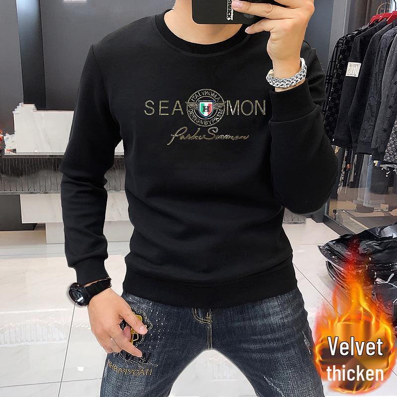 Stylish Rhinestone Men's Long Sleeve Round Neck Shirt - Comfortable, Versatile, Velvet-Thickened for Autumn and Winter.