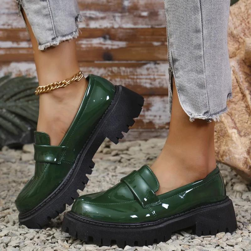 

Fashion 2025 New British Style Fashion Thick bottom Small Leather Shoes Female Shallow Mouth Comfort Loafers Black Retro Mary Jane Shoes 38 зелений