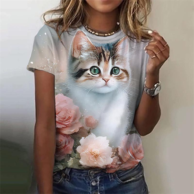 Cat pattern women's T-shirt animal 3D printing T-shirt summer casual round neck short sleeved T-shirt top Harajuku women's clothing