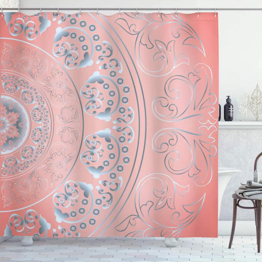 Mandala Shower Curtain,Vintage Cosmos Oriental Breeze Pattern Swirled Floral Leaves Cloth Fabric Bathroom Curtain Set with Hooks