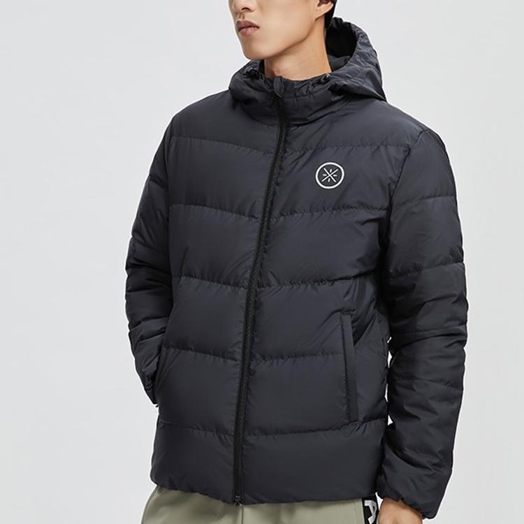 Li Ning Wade Series Jednobarevná péřová bunda s dlouhým rukávem a kapucí na zip Pánská bunda Černá AYMR129-1