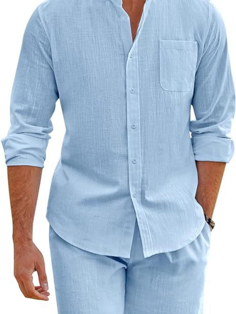 

Men s Casual Light Blue Stand Collar Button Front Long Sleeve Shirt with Pocket and Matching Loose Shorts Set XXL небесно-голубой