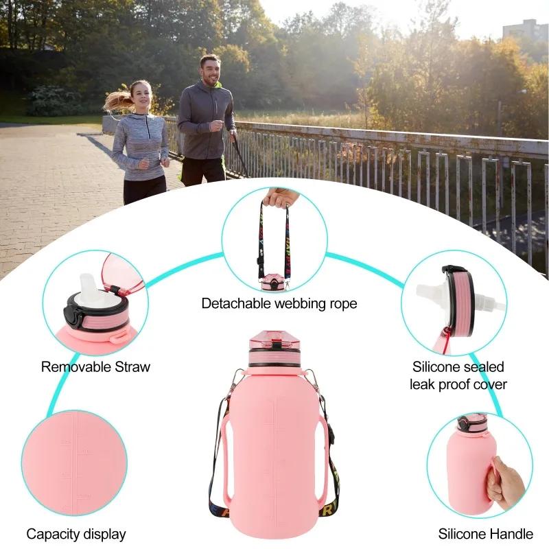 Collapsible Water Bottle 2L/64oz Sport Water Bottle Camping Hiking Leakproof Sports Kettle with Strap Silicone Folding Water Cup