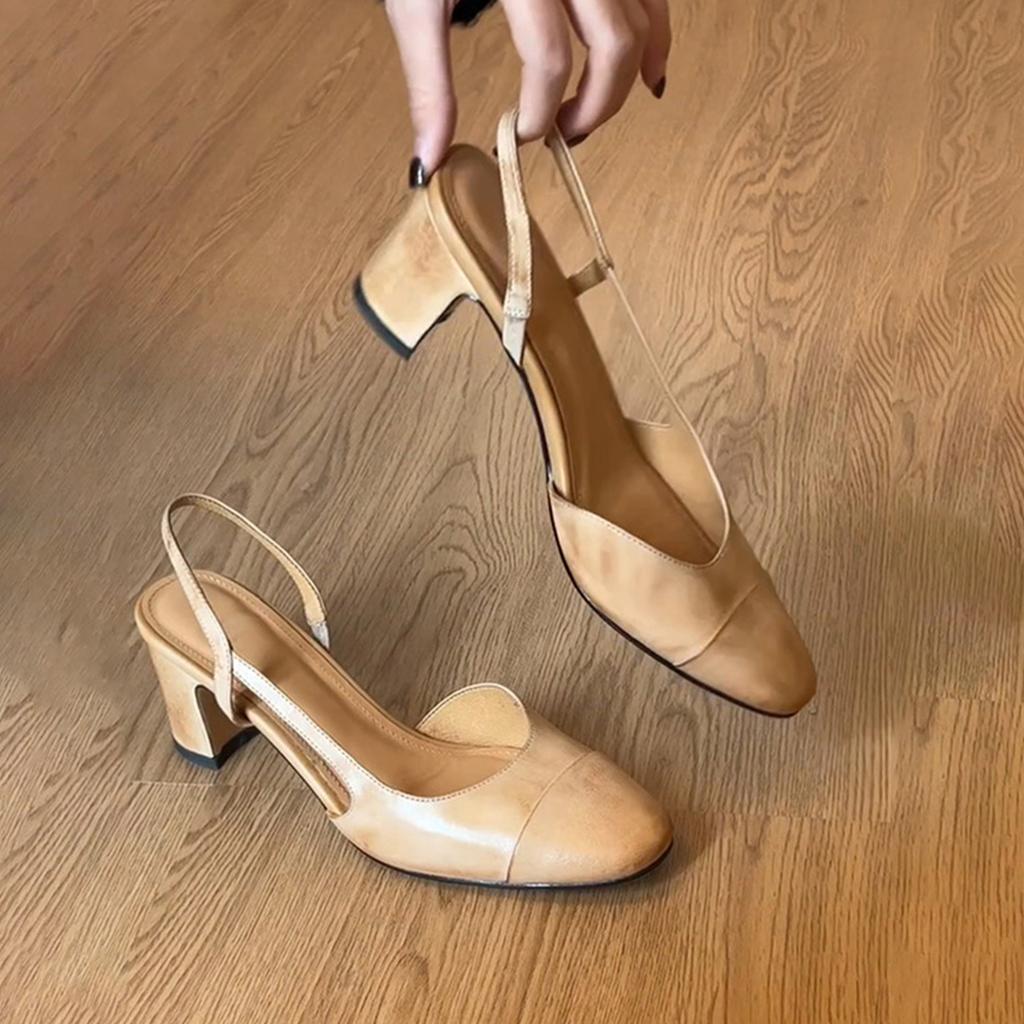 New retro round head rear strap sandals femininity medium heel simple round head literary style high heels