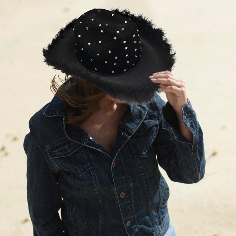 Feathered Trim Western Hat with Rhinestones Studded for Music Festival Cosplay Costume Headwear Carnivals Party Accessory