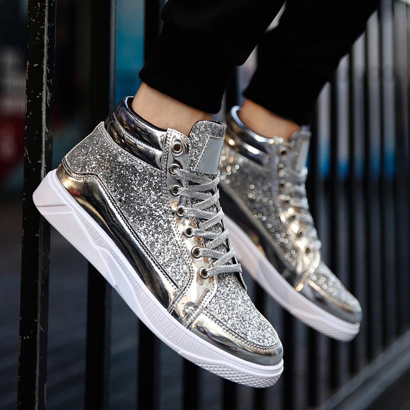 Męskie metaliczne złote buty skórzane high top retro błyszczące imprezowe klubowe botki w stylu vintage wygodne sznurowane sneakersy
