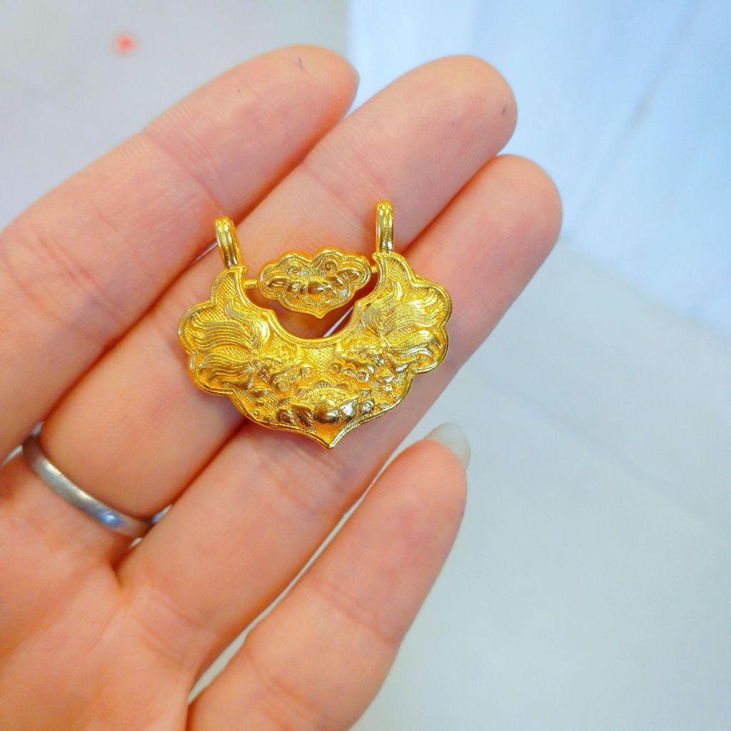 Vietnamese Sand Gold Koi Fish Necklace - Copper Gilded Retro Peace Lock Pendant