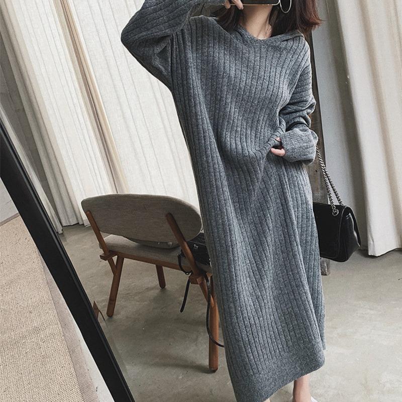 Hooded solid color pit strip straight V-neck sweater skirt autumn and winter casual style knitted dress women
