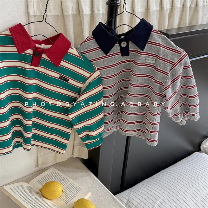 Spring Baby Boys Striped Polo Shirts Long Sleeve Tops Korean Style Toddlers Kids Casual T-shirts
