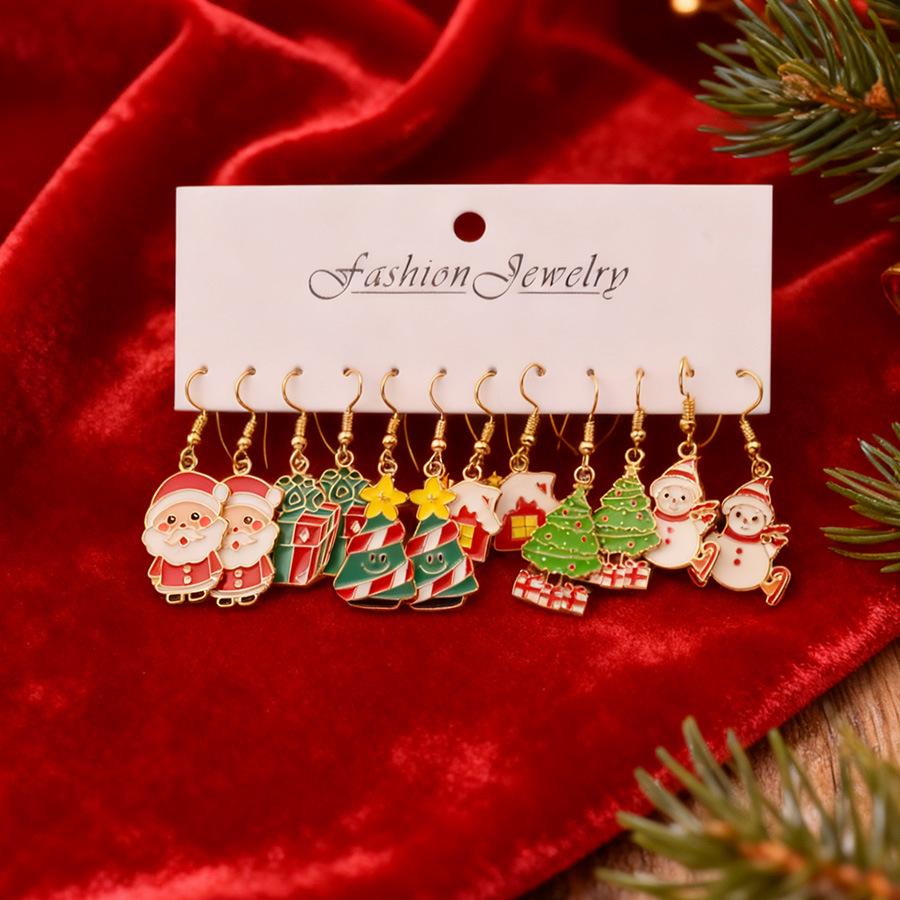 6-Piece Christmas Earrings Set: Cute Cartoon Snowman & Santa Claus Drop Pendants.