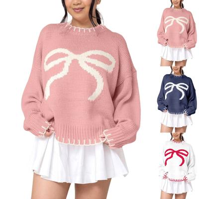 Women's Bow  Sweater Autumn And Winter Lazy Style Loose Warm And Comfortable Pullover Cardigan