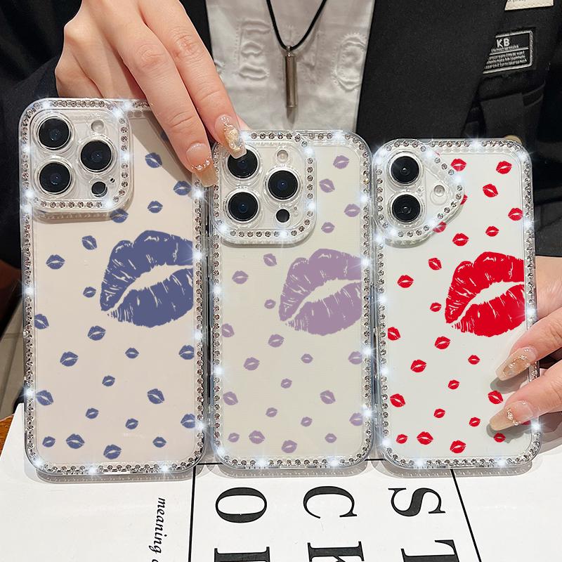 Red Lips Print Phone Clear Anti-Fall Case Shell For iPhone 16 Pro Max 16E 15 14 Pro 13 12 11 Diamond Frame Soft Silicone Shockproof Phone Cover
