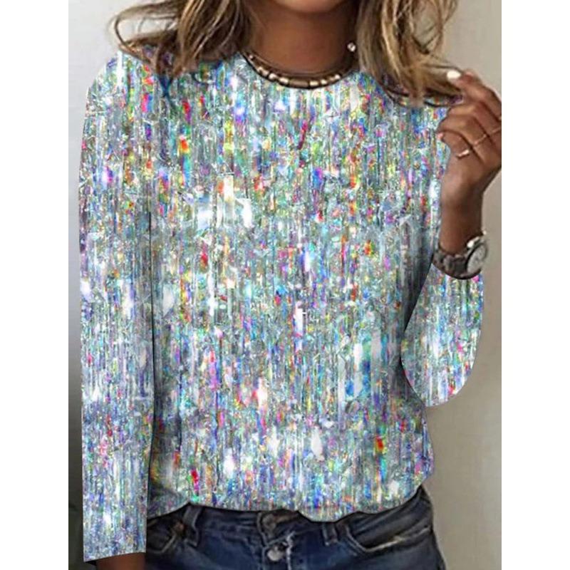 QICED Women's Fashion Casual Long Sleeve O-Neck Blouses & Shirts