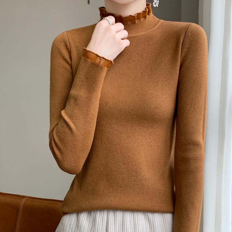 Women's Stylish Half-High Neck Knit Sweater - Lace Base Layer for Autumn & Winter