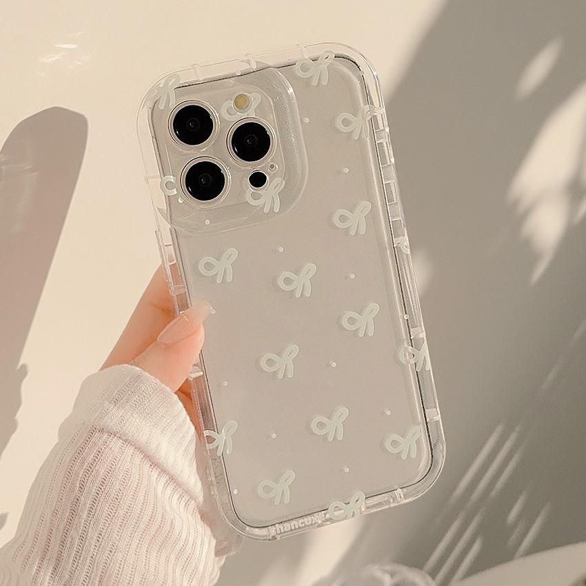 Cute Pink Bowknot Transparent Phone Case For iPhone 16 15 14 13 12 11 Pro Max Plus Clear Silicone Shockproof Cases Cover