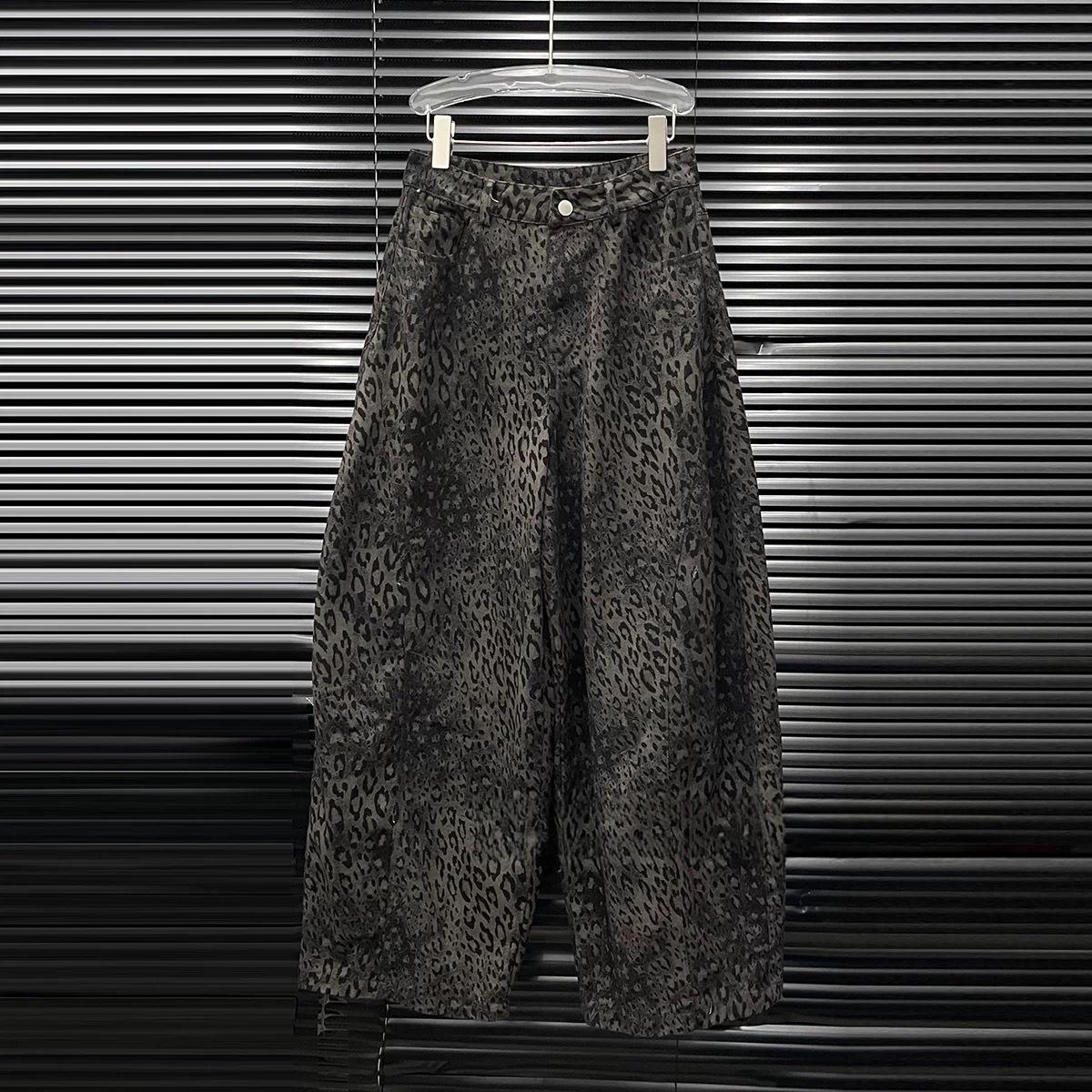 

2025 Autumn/Winter Women s Retro Leopard Print Wide-Leg Pants: Casual, Loose, Distressed, Versatile Straight-Leg Long Pants Small чёрный