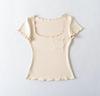 Pocket Square Neck Short Sleeve T-Shirt Women's Summer New American Spice Girl Solid Color Fungus Edge Slim Bottom Top