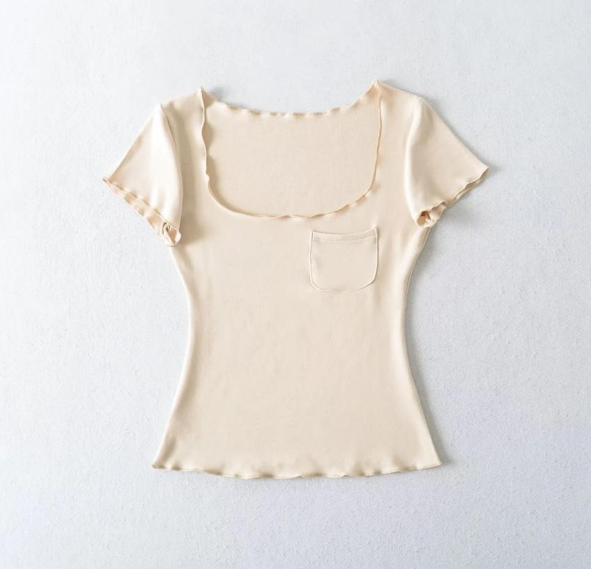 Pocket Square Neck Short Sleeve T-Shirt Women's Summer New American Spice Girl Solid Color Fungus Edge Slim Bottom Top