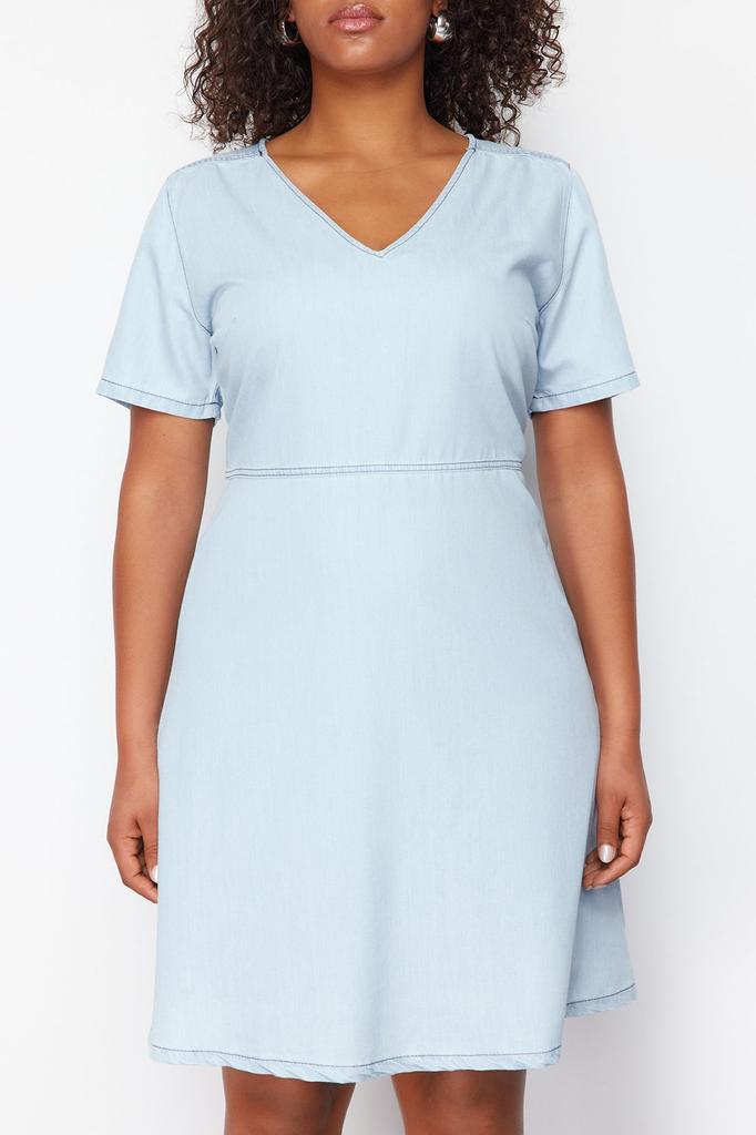 Women's Style Plus Size Light Blue V-Neck Tencel Mini Denim Dress