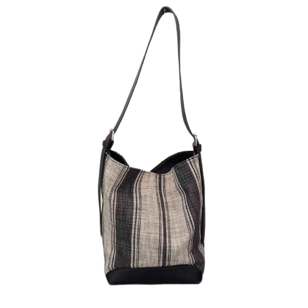 Lazy Wind Premium Sense Large Capacity Bucket Bag Commuter Versatile Messenger Bag Retro Striped Tote Bag