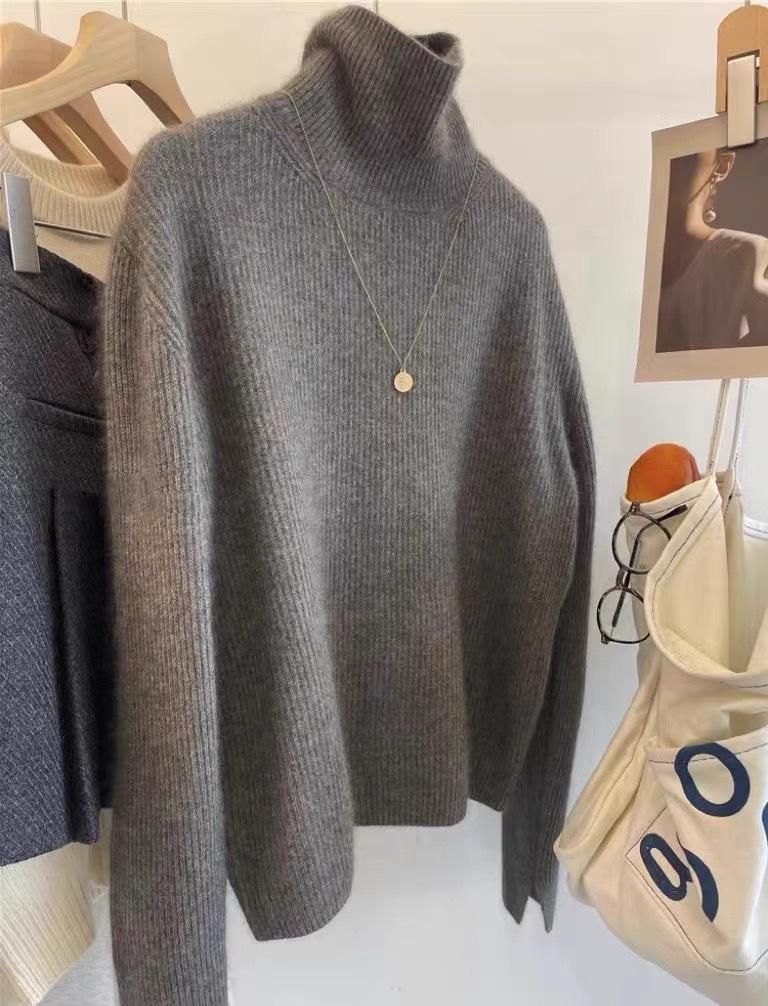 Dámský vlněný kašmírový svetr s vysokým límcem 2025 - Podzim/Zima Volný střih s rozparkovými rukávy