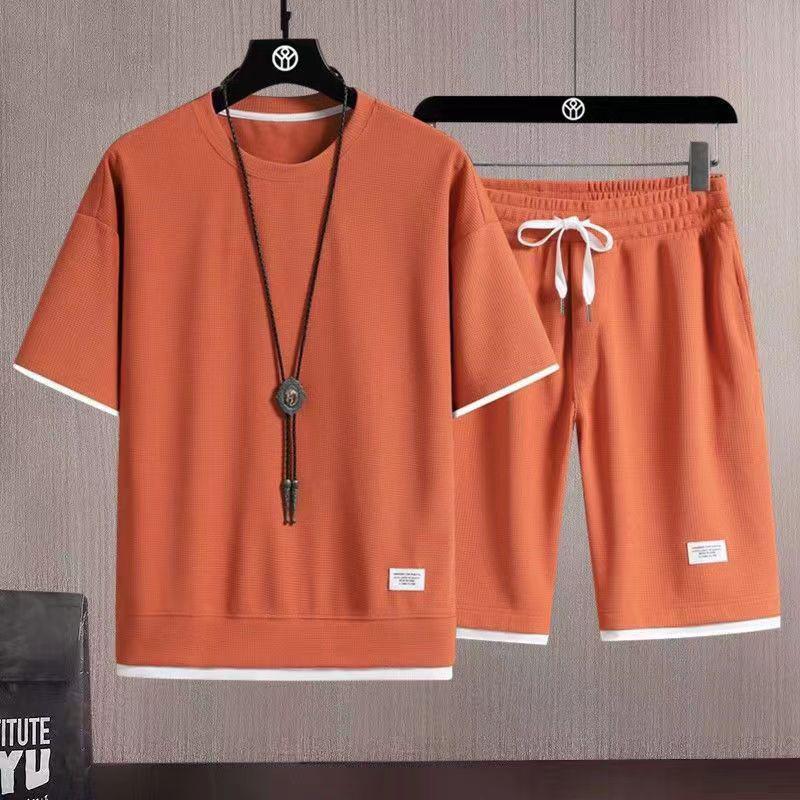 Men's Korean Style Summer Casual Waffle Knit 2-Piece Set: T-Shirt + Shorts