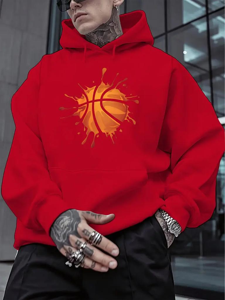 Herren lässiges Kapuzensweatshirt - leuchtend rot BRO Basketballmuster Aufdruck, langärmeliger Pullover mit Vordertasche, maschinenwaschbar